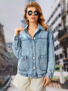 SHEIN Frenchy Drop Shoulder Button Front Denim Jacket - Light Wash - View 6