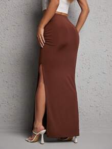 SHEIN PETITE 素色褶邊高衩半身裙 - 咖啡棕 - 查看 2