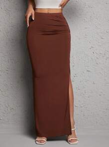 SHEIN PETITE 素色褶邊高衩半身裙 - 咖啡棕 - 查看 4