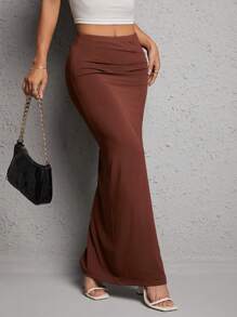 SHEIN PETITE 素色褶邊高衩半身裙 - 咖啡棕 - 查看 5