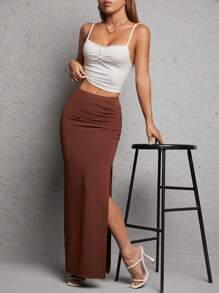 SHEIN PETITE 素色褶邊高衩半身裙 - 咖啡棕 - 查看 6