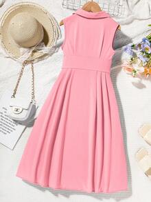 SHEIN Cô gái Tween Chất rắn Chi tiết xếp nếp Váy chữ A - Hồng - Xem 2