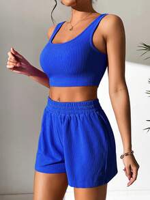 SHEIN PETITE Chất rắn Crop Tank Top & Quần short - Xanh đậm - Xem 3