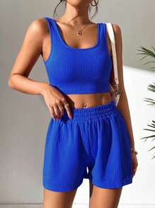 SHEIN PETITE Chất rắn Crop Tank Top & Quần short - Xanh đậm - Xem 4