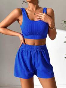 SHEIN PETITE Chất rắn Crop Tank Top & Quần short - Xanh đậm - Xem 6
