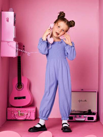 SHEIN 女小童褶邊荷葉袖連身褲