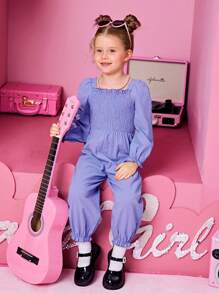 SHEIN 女小童褶邊荷葉袖連身褲 - 紫色 - 查看 5