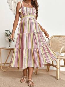 SHEIN Maternity Striped Tie Shoulder Ruffle Hem Cami Dress - Multicolor - View 1