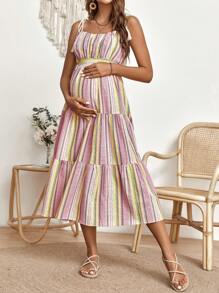 SHEIN Maternity Striped Tie Shoulder Ruffle Hem Cami Dress - Multicolor - View 3