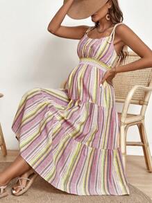 SHEIN Maternity Striped Tie Shoulder Ruffle Hem Cami Dress - Multicolor - View 4