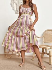 SHEIN Maternity Striped Tie Shoulder Ruffle Hem Cami Dress - Multicolor - View 5