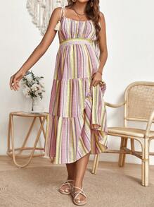 SHEIN Maternity Striped Tie Shoulder Ruffle Hem Cami Dress - Multicolor - View 6