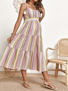 SHEIN Maternity Striped Tie Shoulder Ruffle Hem Cami Dress - Multicolor - View 7