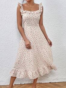 SHEIN Frenchy In hoa Ditsy Viền Ruffle Xù Hoa Sen Đầm - Nhiều màu - Xem 6