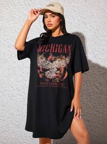 SHEIN Váy thun trễ vai in hình đại bàng và khẩu hiệu dành cho bà bầu, Halloween - màu đen - Xem 1