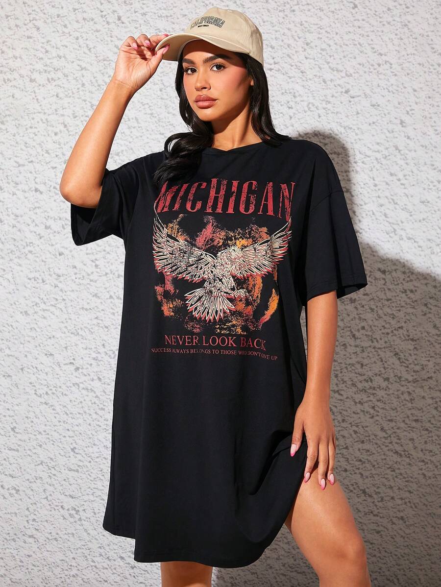 SHEIN Váy thun trễ vai in hình đại bàng và khẩu hiệu dành cho bà bầu, Halloween - màu đen - Xem 1