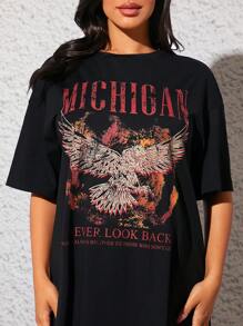 SHEIN Váy thun trễ vai in hình đại bàng và khẩu hiệu dành cho bà bầu, Halloween - màu đen - Xem 5