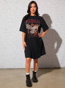 SHEIN Váy thun trễ vai in hình đại bàng và khẩu hiệu dành cho bà bầu, Halloween - màu đen - Xem 6