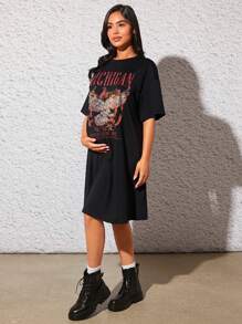 SHEIN Váy thun trễ vai in hình đại bàng và khẩu hiệu dành cho bà bầu, Halloween - màu đen - Xem 7