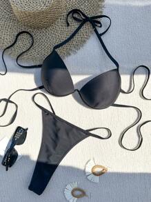 Solid Push Up Bikini Set For Summer Beach - Black - View 3