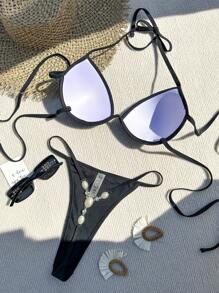 Solid Push Up Bikini Set For Summer Beach - Black - View 6