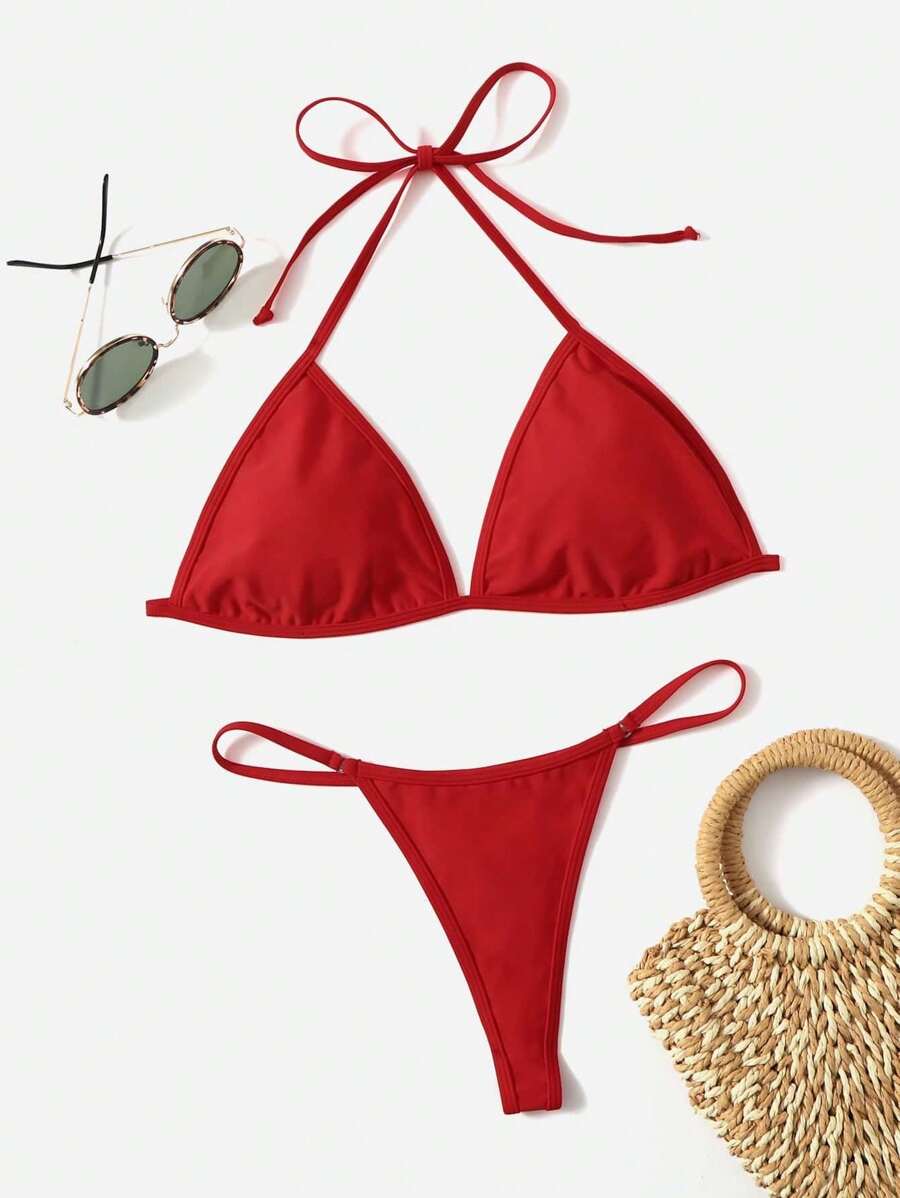 SHEIN Swim Summer Beach Plain Halter Triangle Bikini - Red - View 1
