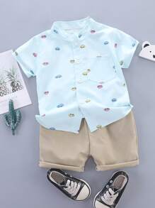 SHEIN 男小童汽車印花襯衫&短褲