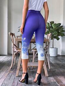 SHEIN LUNE 印花七分緊身打底褲 - 藍白色 - 查看 2