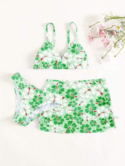 SHEIN 青少年女孩花卉印花比基尼套装搭配沙滩裙夏日海滩