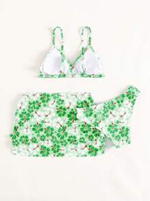 SHEIN 青少年女孩花卉印花比基尼套装搭配沙滩裙夏日海滩 - 彩色 - 查看 2