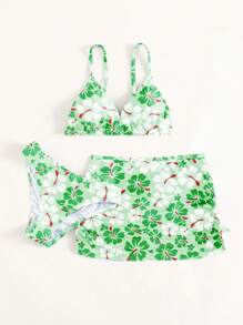 SHEIN 青少年女孩花卉印花比基尼套装搭配沙滩裙夏日海滩 - 彩色 - 查看 3