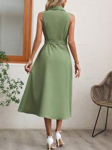 SHEIN Clasi Flap Detail Button Front Belted Shirt Dress - Green - View 3