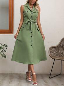 SHEIN Clasi Flap Detail Button Front Belted Shirt Dress - Green - View 4