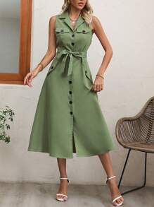 SHEIN Clasi Flap Detail Button Front Belted Shirt Dress - Green - View 5