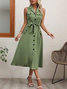 SHEIN Clasi Flap Detail Button Front Belted Shirt Dress - Green - View 6