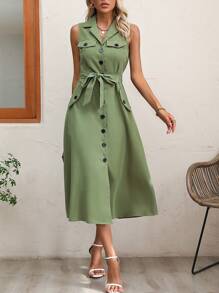 SHEIN Clasi Flap Detail Button Front Belted Shirt Dress - Green - View 7