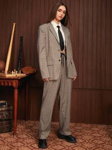 SWAVVY 1入組格紋印花西裝領西裝外套&1入組腰部抽繩長褲 - 彩色 - 查看 3