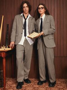 SWAVVY 1入組格紋印花西裝領西裝外套&1入組腰部抽繩長褲 - 彩色 - 查看 4