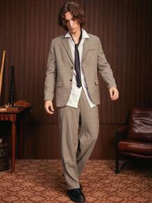 SWAVVY 1入組格紋印花西裝領西裝外套&1入組腰部抽繩長褲 - 彩色 - 查看 6