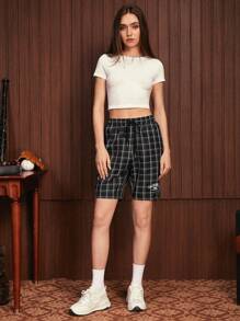 Manfinity VCAY 1pc Plaid Print Drawstring Waist Shorts - Black and White - View 4