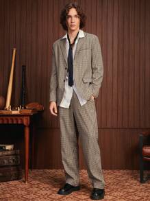 SWAVVY 1入組格紋印花西裝領西裝外套&1入組腰部抽繩長褲 - 彩色 - 查看 8