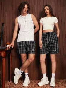 Manfinity VCAY 1pc Plaid Print Drawstring Waist Shorts - Black and White - View 9