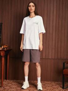 SWAVVY 1pc Loose Slogan Graphic Drop Shoulder T-Shirt - White - View 7