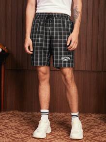 Manfinity VCAY 1pc Plaid Print Drawstring Waist Shorts - Black and White - View 12