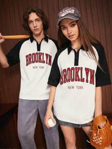 Manfinity VCAY 1pc Loose Fit Polo Shirt With Letter Graphic And Raglan Sleeves - White - View 1