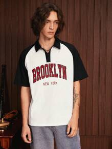 Manfinity VCAY 1pc Loose Fit Polo Shirt With Letter Graphic And Raglan Sleeves - White - View 8