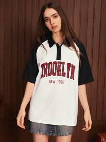 Manfinity VCAY 1pc Loose Fit Polo Shirt With Letter Graphic And Raglan Sleeves - White - View 7