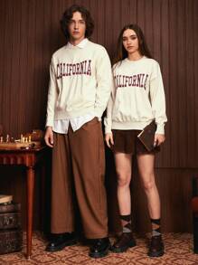 SWAVVY 1 Miếng Đồ họa Chữ cái Thả vai Áo len - Màu be - Xem 6