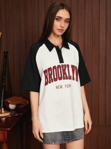 Manfinity VCAY 1pc Loose Fit Polo Shirt With Letter Graphic And Raglan Sleeves - White - View 3