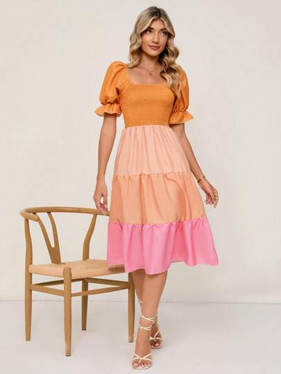 SHEIN VCAY Vestido de color combinado de manga amplia bajo con fruncido